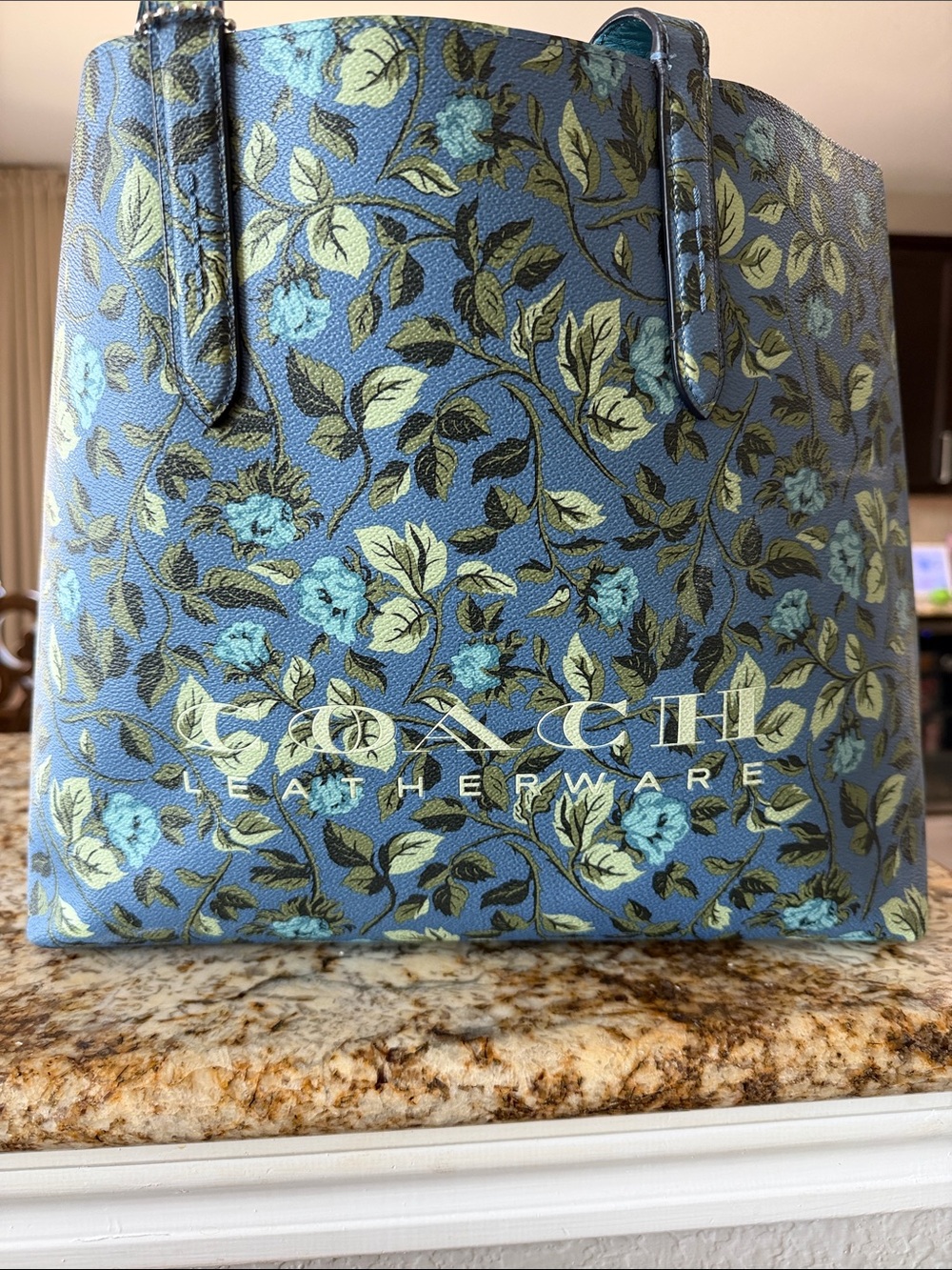 COACH Blue Floral Leather Tote with Light Green Accents